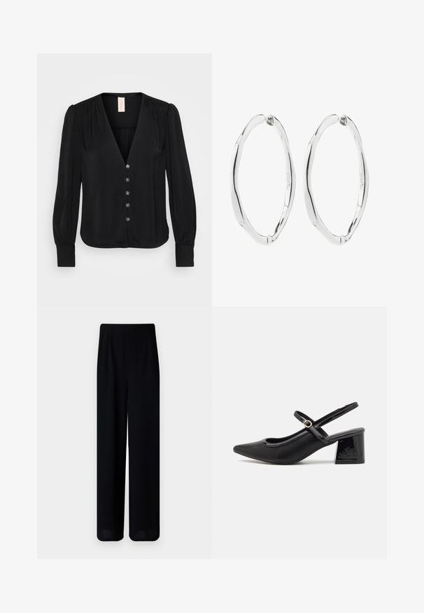 Schwarze, langärmlige Bluse mit V-Ausschnitt, die subtile Falten, sechs dekorative Knöpfe und schmale Manschetten aufweist. Glatte, weiche Stofftextur.; Vero Moda Petite VMLIVA SUPER WIDE PANTS - Stoffhose - black; Schwarze Lackleder-Slingback-Absätze mit spitzer Zehenform, einem runden Ausschnitt-Design und einem Blockabsatz. Mit einem goldfarbenen Schnallenakzent.; Paar polierte silberne verdrehte ovale Creolen mit Klappverschlüssen, vor weißem Hintergrund gezeigt.