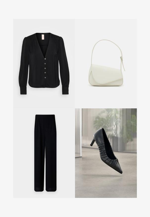 Sort langærmet bluse med V-hals, der har subtile plisseringer, seks dekorative knapper og tætsiddende manchetter. Glat, blød stoftekstur.; Vero Moda Petite VMLIVA SUPER WIDE PANTS - Bukser - black; Sort læder pumps med høje hæle, spids tå og rynket tekstur på overdelen. Glat finish; moderat hælhøjde.; Hvid taske i faux læder med en struktureret trekantet form, enkelt justerbart skulderstrop og en flaplås med kurver.