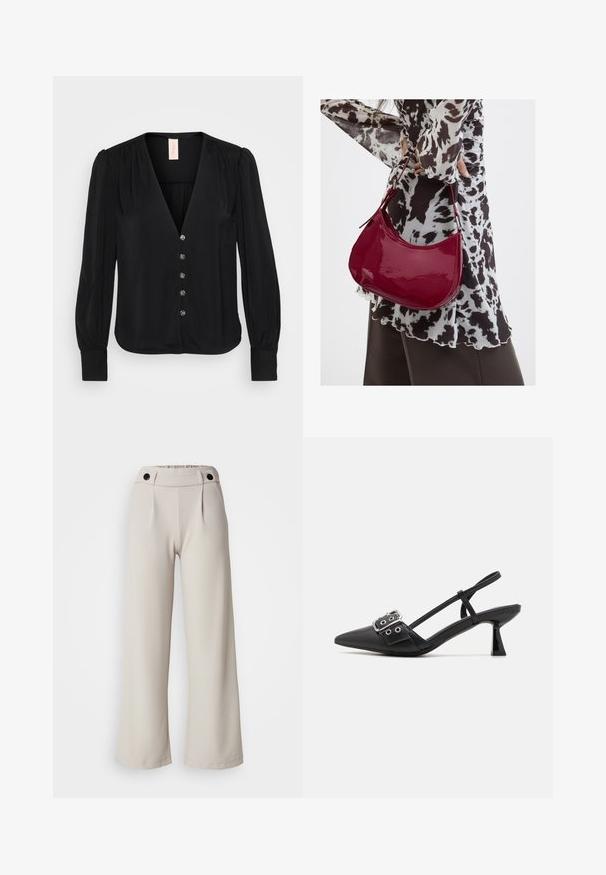 Blusa negra de manga larga con escote en V, que presenta pliegues sutiles, seis botones decorativos y puños ajustados. Textura de tela suave y lisa.; Pantalones de pierna ancha plisados en tejido de color beige claro con una textura suave, que cuentan con una cintura fruncida y dos botones negros en la cinturilla.; Simmi London DALA - Tacones - black; Mujer con blusa de estampado en blanco y negro sosteniendo un bolso de hombro rojo brillante sobre un fondo liso.