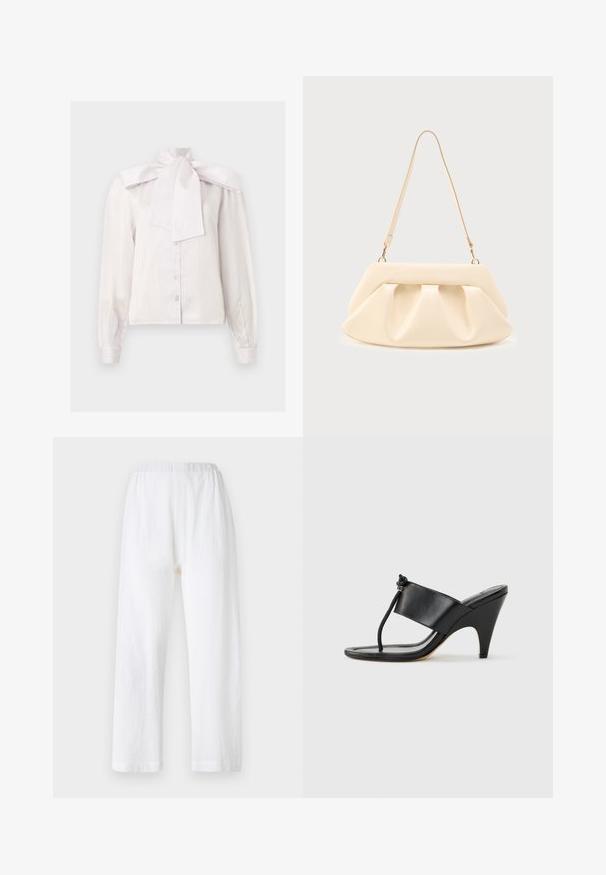 Blouse blanche à manches longues avec boutons, à fines rayures verticales et grand nœud décoratif au col haut.; Pantalons blancs amples avec une taille élastique, fabriqués en tissu texturé. Design à jambe droite avec des ourlets simples.; Sandale noire à talon haut avec une large bride avant et une boucle d'orteil dotée d'un détail de corde nouée, vue de profil sur fond blanc.; Sac à main en cuir couleur crème avec des plis froncés, des ferrures dorées, et une seule bandoulière fine sur un fond uni.