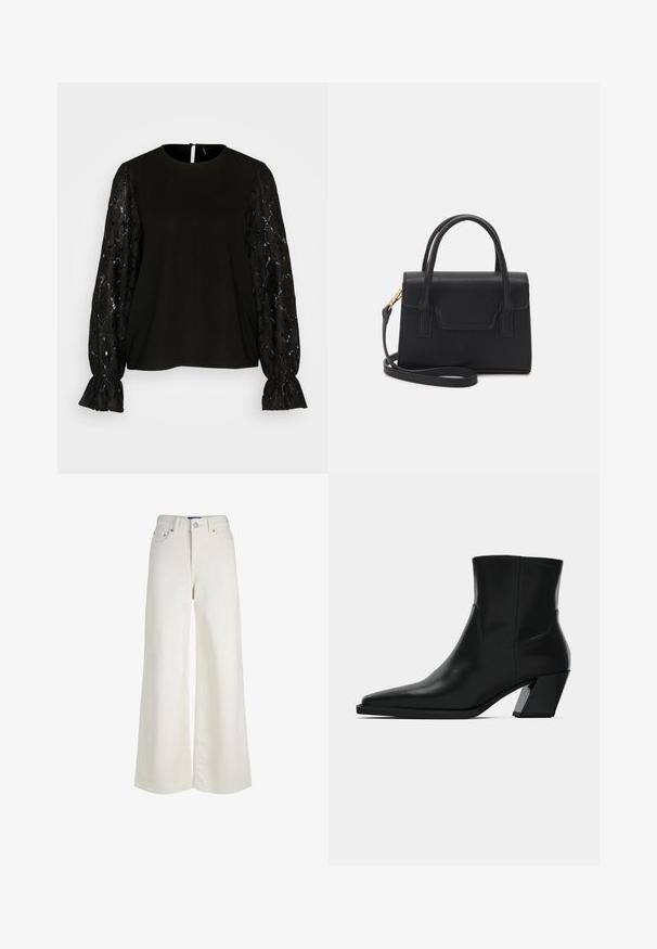 Vero Moda VMSEJA - T-shirt à manches longues - black; Jean en denim blanc taille haute à jambes larges, fermeture à boutons et zip devant, passants pour ceinture et détails de poches.; Bottine en cuir noir avec un bout pointu, une silhouette élégante et un talon carré massif. Texture lisse avec des détails de couture minimalistes.; Sac à main structuré noir en cuir avec une poignée supérieure, une bandoulière détachable et un détail à rabat à l'avant. Accents en matériel doré.