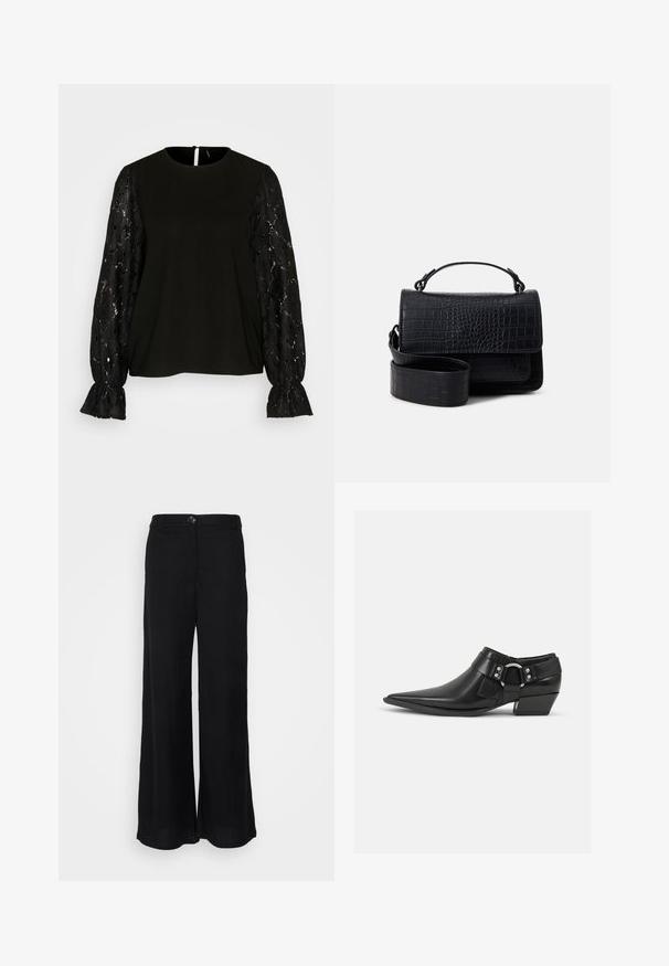 Vero Moda VMSEJA - Langarmshirt - black; Schwarze, weite Hosen aus luftigem Material, mit glatter Textur, vorderem Knopfverschluss und Seitentaschen.; Schwarze Leder-Ankle-Boots mit spitzem Zeh, ausgestattet mit einem vorderen Leder-Riemen und einem silbernen Schnallendetail sowie einem niedrigen Blockabsatz.; Schwarze Umhängetasche mit Krokodilprägung, abnehmbarem Riemen und Oberhandgriff, ausgestattet mit einem Klappenverschluss und glatter Oberfläche.