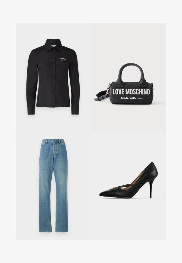 Sort skjorte med en tætsiddende pasform, lange ærmer og spids krave. Har knaplukning foran og broderet logo på brystet.; Lyseblå denim jeans med lige ben-design, fem lomme-stil og en synlig talje. Teksturen er let slidt, men intakt.; Sort læder højhælet sko med spids tå og slank rem over toppen, fastgjort med en lille guldbælte på ensartet baggrund.; Lille sort Love Moschino håndtaske med to håndtag, hvid tekst "Love Moschino Made with love," og en justerbar skulderrem.