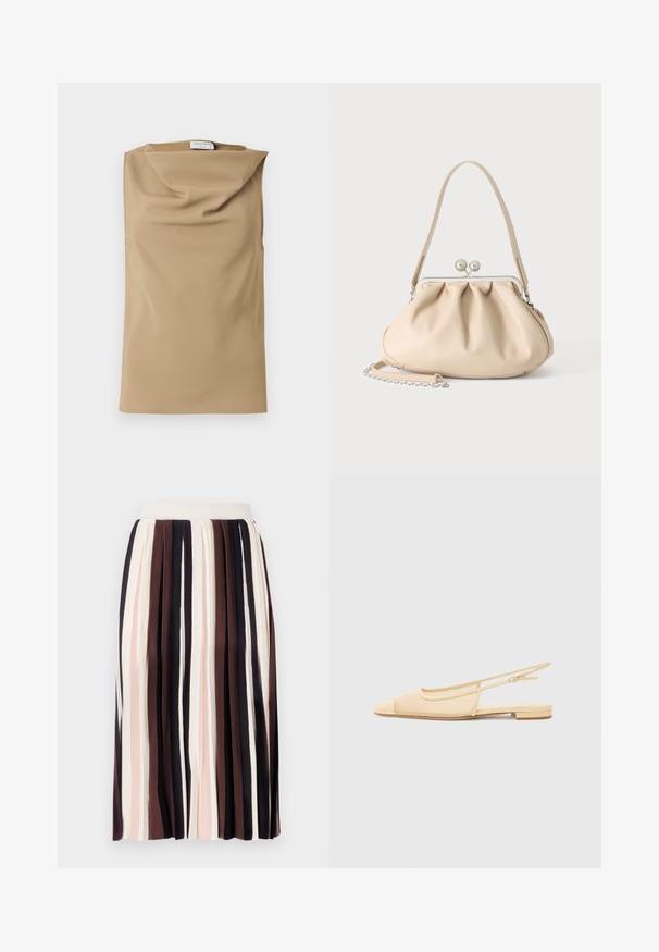 Haut sans manches beige avec un col ample et drapé et une petite étiquette visible au niveau du col sur fond blanc.; Jupe plissée à rayures verticales dans des nuances de marron foncé, rose clair et crème, avec une taille ajustée et un tissu doux et texturé.; Chaussure plate slingback en beige clair avec une tige en maille, un bout pointu et un petit talon. Dotée d'une sangle ajustable pour un bon maintien.; Sac à main en cuir souple beige avec un fermoir en métal argenté, une bandoulière simple et une bandoulière chaîne optionnelle sur fond blanc.