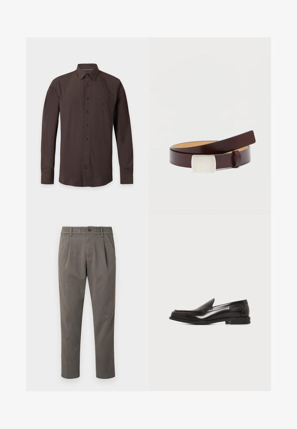 Chemise à manches longues marron foncé boutonnée, avec col pointu et poignets, présentée à plat sur fond gris clair.; Pantalon gris ajusté en tissu lisse ; doté d'une fermeture à boutons, de passants pour ceinture et de deux plis à l'avant pour plus de détails.; Mocassin pour homme en cuir noir, sans lacets, avec petit talon et coutures décoratives à l'avant et sur les côtés, sur fond blanc.; Ceinture en cuir marron avec une boucle rectangulaire en argent, texture lisse et doublure intérieure plus claire contrastante. Design simple et classique.