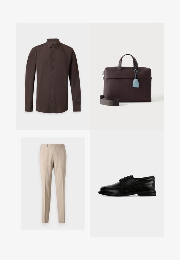 Langærmet mørkebrun skjorte med knapper, spids krave og manchetter, vist fladt mod lysegrå baggrund.; Beige tapered bukser lavet af letvægtsstof, med forreste folder, to sidelommer og en glat tekstur.; Sort læder herresko med snørebånd, lav hæl og præget mærkenavn på siden, vist i sideprofil på hvid baggrund.; Mørkebrun lædermappe med top-håndtag, aftagelig skulderrem og lyseblå lædermærkat, der hænger fra et håndtag.