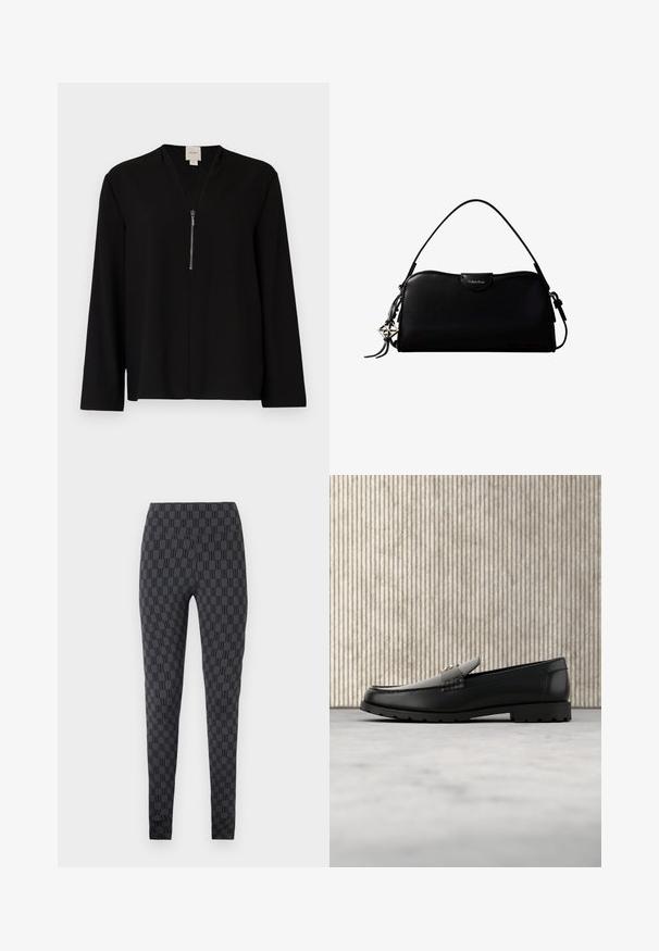Schwarzes Langarmoberteil mit V-Ausschnitt, ausgestattet mit einem Reißverschluss vorne und einer glatten Textur. Schlichte und maßgeschneiderte Silhouette.; Schwarze Leggings mit einem strukturierten Muster aus ineinandergreifenden Buchstaben. Schmaler Schnitt mit elastischem Bund, glatte Stofftextur und keine sichtbaren Nähte.; Schwarze Lederloafers mit einer hervorgehobenen Naht, goldenem Akzentlogo und strukturiertem Riemen. Mit einer dicken, strapazierfähigen Gummisohle.; Schwarze, rechteckige Calvin Klein Handtasche mit einem einzelnen Tragegriff oben, silbernem Logo-Anhänger und kleinem Klappverschluss auf der Vorderseite.