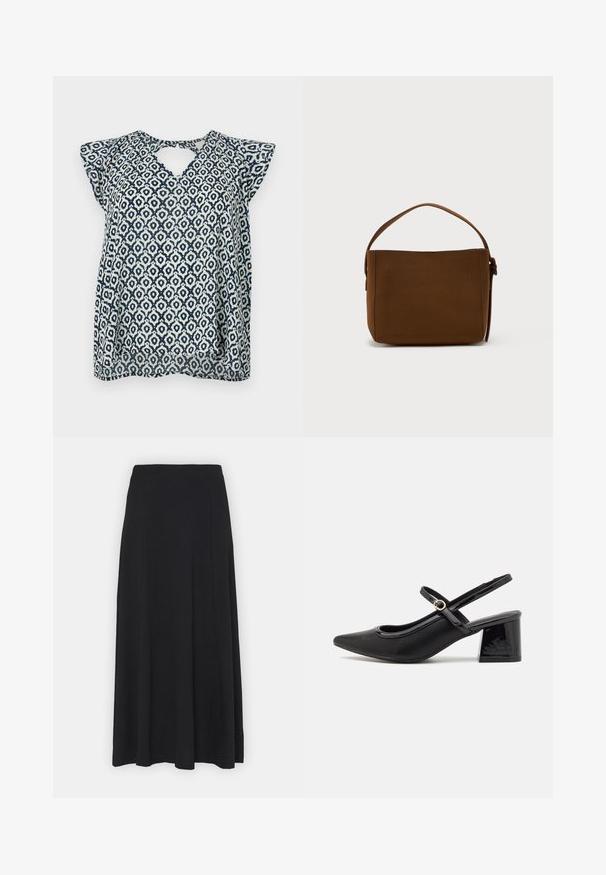 Navy en witte gebloemde blouse met een V-hals en kleine kapmouwen; geometrisch ontwerp en doorschijnende textuur. Sleutelgatdetail op de rug.; Maxi rok in volledig zwart. Uitlopende ontwerp met een gladde textuur en elastische tailleband. Geen zichtbare patronen of accenten.; Zwarte gepolijste leren slingback hakken met een spitse neus, een ronde uitsnede en een blokhak. Voorzien van een gouden gespaccent.; Bruine rechthoekige schoudertas met een enkele brede handgreep en gespsluiting, tegen een effen witte achtergrond.