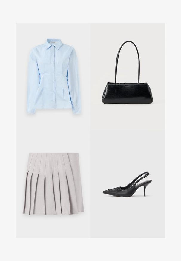 Chemise à manches longues bleu clair avec un col pointu, texture unie et coutures créant une coupe ajustée. Cinq boutons sur le devant.; Jupe plissée grise au toucher lisse, dotée de multiples plis verticaux et d'une taille ajustée. Fabriquée en tissu léger.; Escarpin en cuir noir à talon aiguille avec un bout pointu, une bride latérale à boucle, des clous le long du bord et un laçage décoratif à l'avant.; Sac à épaule rectangulaire noir avec de longues bretelles fines et une texture lisse et brillante sur un fond uni.