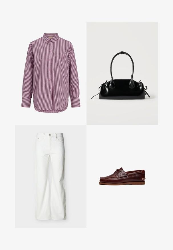 Langærmet skjorte med knapper, med pink og sort lodrette striber, en krave og en brystlomme på venstre side.; Hvide jeans med høj talje og lige ben, med forreste knap, lynlåslukning samt sidelommer og baglommer, mod en ensartet lys baggrund.; Brun læder bådsko med snørre, syningsdetaljer og Timberland-logo på siden, vist på en hvid baggrund.; Lille sort blank håndtaske med to lange håndtag og snøre-detaljer i siden på en ensfarvet lys baggrund.