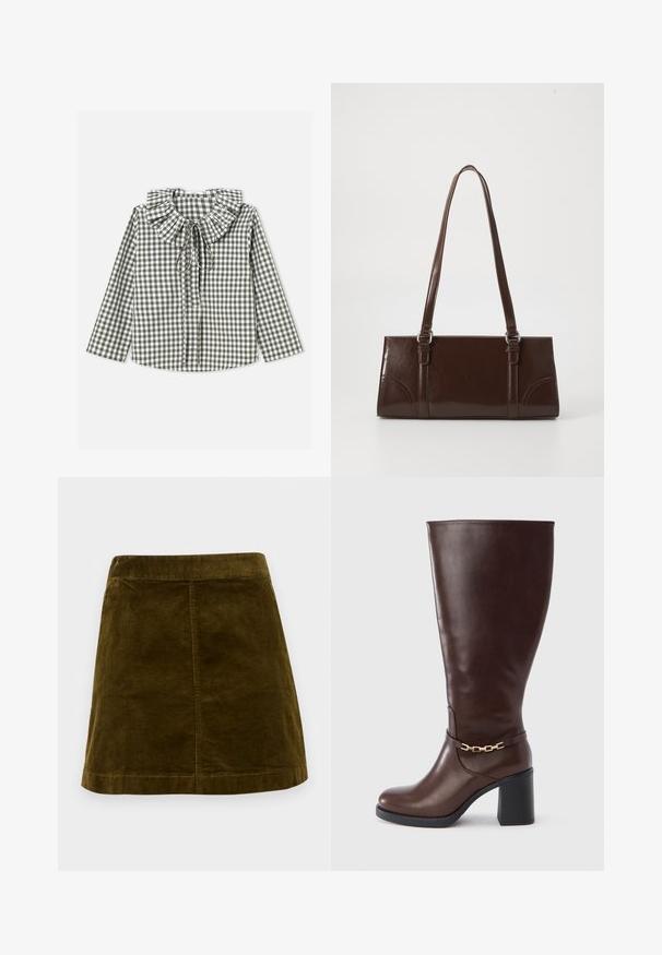 Grøn og hvidternet gingham-bluse med flæsekrave, lange ærmer og bindebånd ved halsen. Bomuldsstof, struktureret pasform.; Brun kordfløjl mini skirt med lodrette ribber, lige snit og en ren kant. Har en simpel talje uden udsmykninger.; Brun læderstøvle til knæet med firkantet tå, kraftig hæl og guldkæde-detalje rundt om anklen. Glat tekstur og elegant design.; Brun lakeret håndtaske med rektangulær form, to lange håndtag og subtile buede detaljer på fronten.