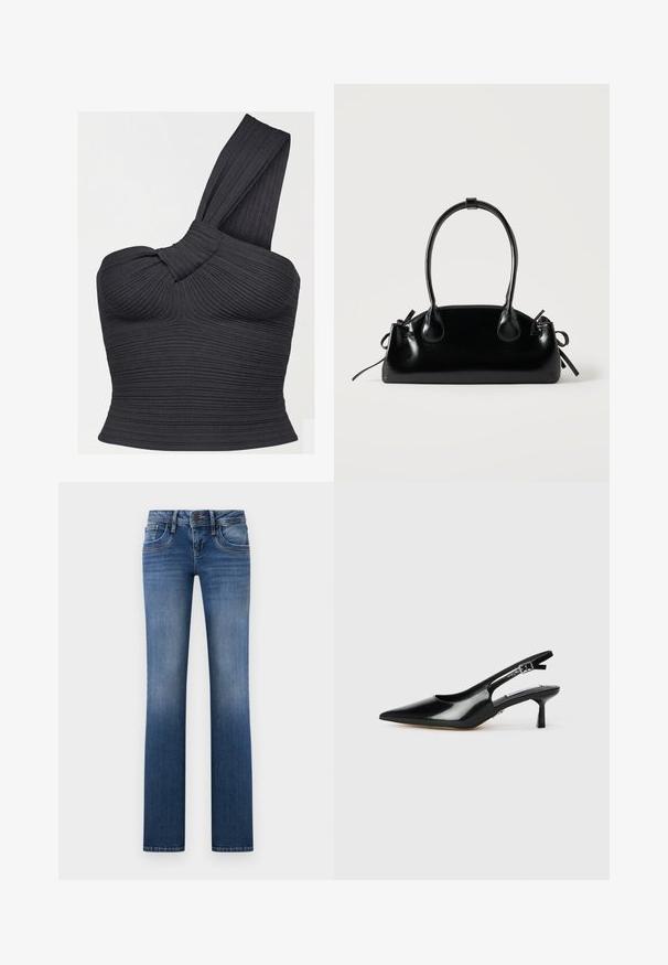 Zwart geribd cropped top met één schouder, gedraaide band en aansluitende pasvorm.; Blauwe, recht gesneden spijkerbroek met voorste knoop- en ritssluiting en vijf zakken, met lichte vervaging op de dijen en knieën.; Zwarte gepatineerde leren slingback hakken met een spitse neus, dunne hak en verstelbare gespstrap. Gladde textuur met minimale details.; Kleine zwarte glanzende handtas met twee lange hengsels en zijkant trekkoord details op een effen lichte achtergrond.