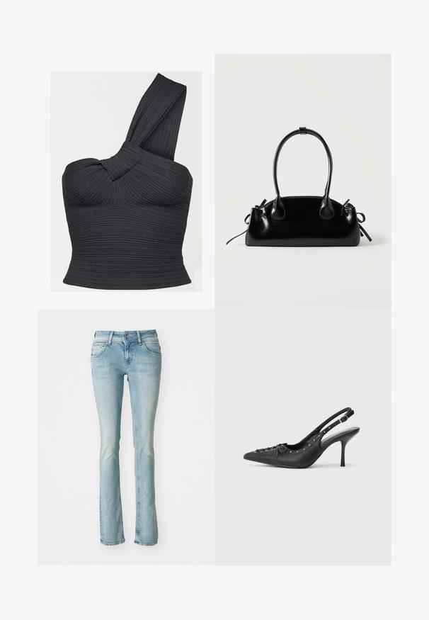 Haut court noir côtelé à une épaule, avec détail de bretelle torsadée et silhouette ajustée.; Jean en denim bleu clair, design bootcut, style à cinq poches, détails décolorés, fermeture éclair et bouton, accents de couture subtils, taille moyenne.; Escarpin en cuir noir à talon aiguille avec un bout pointu, une bride latérale à boucle, des clous le long du bord et un laçage décoratif à l'avant.; Petit sac à main noir brillant avec deux longues anses et des détails à cordon sur les côtés sur un fond clair uni.