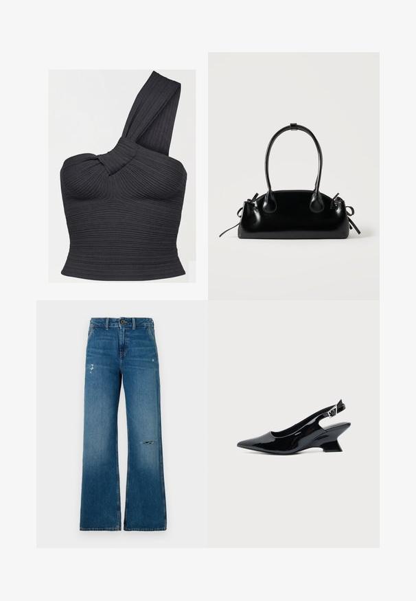 Zwart geribd cropped top met één schouder, gedraaide band en aansluitende pasvorm.; Blauwe denim wijde jeans met een vervaagde textuur, voorzien van twee versleten gedeelten aan de voorkant, een knoopsluiting en een vijf-pocket ontwerp.; Zwarte lakleren slingback schoen met spitse neus en lage schuine blokhak op een effen lichte achtergrond.; Kleine zwarte glanzende handtas met twee lange hengsels en zijkant trekkoord details op een effen lichte achtergrond.