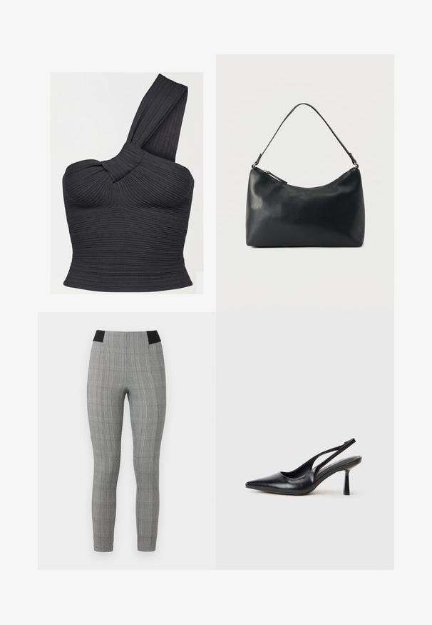 Sort ribbet crop-top med den ene skulder, detaljeret med snoet strop og tætsiddende silhuet.; Grå ternede leggings med en tætsiddende pasform, der har en sort elastisk talje og sidelommer. Tekstureret stof med et ternet mønster.; Sort læderslagback højhælet sko med spids tå og slank hæl på en hvid baggrund.; Sort skuldertaske i struktureret læder med buet toplynlås og enkelt justerbar rem mod ensfarvet baggrund.