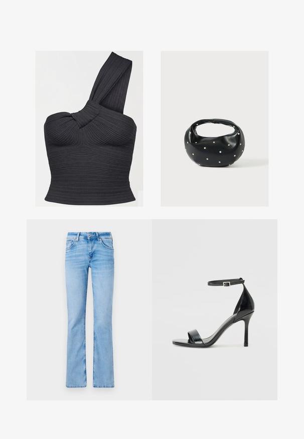 Haut court noir côtelé à une épaule, avec détail de bretelle torsadée et silhouette ajustée.; Jeans en denim bleu clair évasés avec cinq poches, une fermeture à bouton et des passants de ceinture, présentant des zones décolorées et une texture lisse.; Sandale à talon haut en cuir verni noir avec un bout ouvert, une seule lanière à l'avant et une lanière de cheville ajustable.; Sac à main en cuir noir de forme arrondie, décoré de clous argentés et équipé d'une poignée courte. Texture lisse et fermeture éclair.
