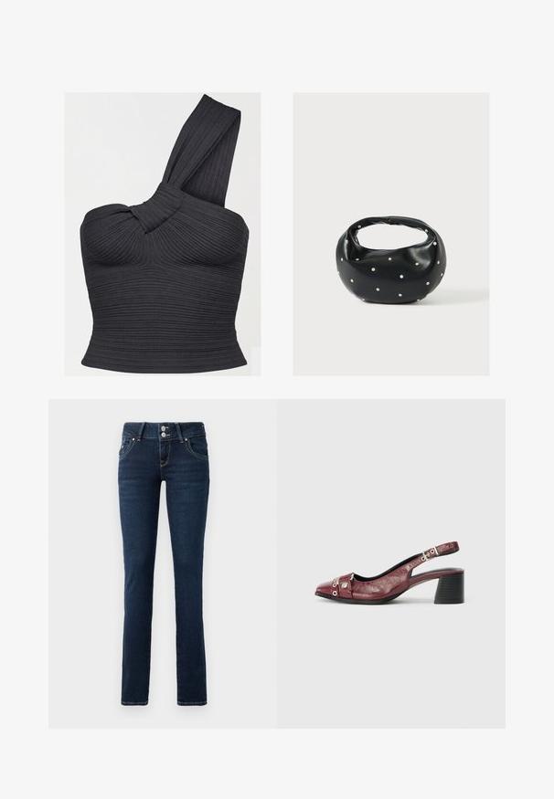 Sort ribbet crop-top med den ene skulder, detaljeret med snoet strop og tætsiddende silhuet.; Mørkeblå skinny jeans med dobbeltknaplukning, frontlommer og gule syninger på hvid baggrund.; Bordeauxfarvet læderslippersko med rund tå, buet design, sølvhardwaredetaljer og blokhæl. Tekstureret finish.; Sort læderhåndtaske med en rundet form, dekoreret med sølvnitter, og et kort håndtag. Glat tekstur og lynlåslukning.