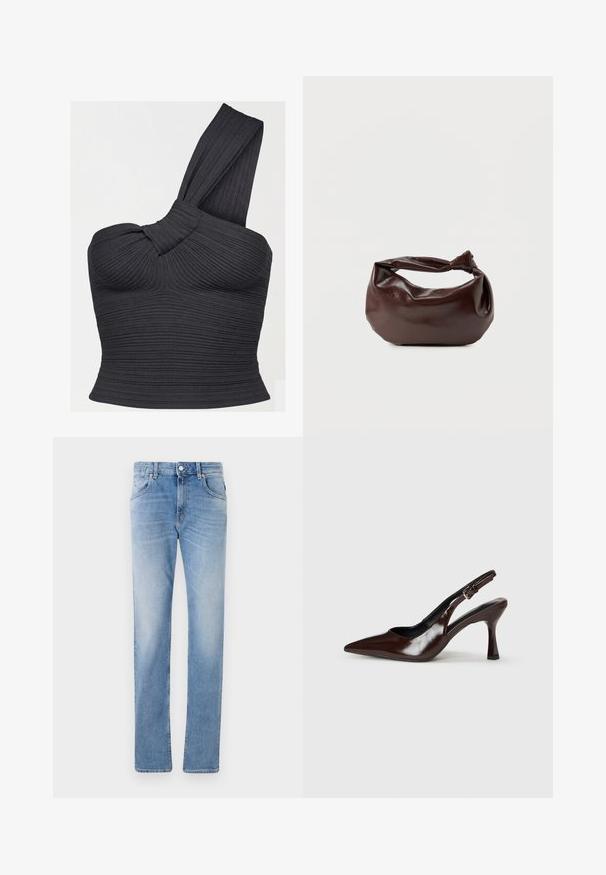 Schwarzes, geripptes Crop-Top mit einem Schulterriemen, verdrehtem Trägerdetail und figurbetonter Silhouette.; Helle blaue Jeans mit geradem Schnitt, ausgestattet mit fünf Taschen, Knopfverschluss und leichter Verblassung des Stoffs.; Braune lackleder Slingback-Absätze mit spitzem Zehen, einem dünnen Absatz und einem verstellbaren Riemen mit einer kleinen Schnalle.; Dunkelbraune Lederschultertasche mit weicher, lockerer Form und einem gedrehten Knotengriff vor schlichtem weißem Hintergrund.