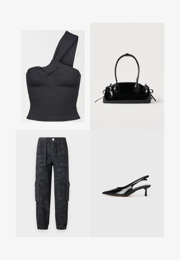 Čierny rebrovaný crop top s jedným ramenom, detailom skrúteného ramienka a priliehavým strihom.; Cargo nohavice v tmavom maskáčovom vzore, s elastickým pásom, bočnými vreckami a manžetami na spodku. Vyrobené z odolného materiálu.; Čierne lakované slingback opätky s špicatou špičkou, tenkým opätkom a nastaviteľným prackovým remienkom. Hladká textura s minimálnym zdobením.; Malá čierna lesklá kabelka s dvoma dlhými rúčkami a bočnými šnúrkovými detailmi na jednoduchom svetlom pozadí.