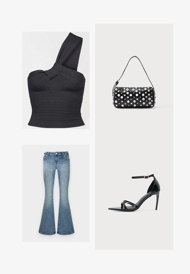Black ribbed one-shoulder crop top with twisted strap detail and fitted silhouette.; Light blue faded denim jeans with a high waist and flared wide legs, featuring front pockets and a button closure.; Black patent leather high-heeled sandal with a thin ankle strap, open toe, and minimalist design on a plain light background.; Black leather handbag with a rounded shape, decorated with silver studs. Features a detachable strap and zip closure. Smooth texture.