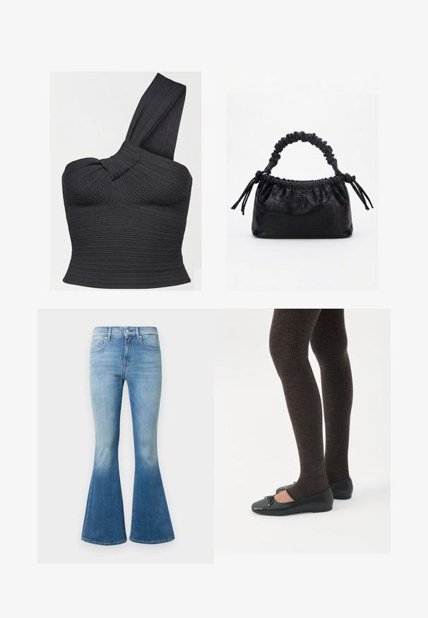 Haut court noir côtelé à une épaule, avec détail de bretelle torsadée et silhouette ajustée.; Jean flare en denim bleu clair avec taille haute, délavage léger et design classique à cinq poches avec des accents en métal.; Jambes portant des leggings côtelés foncés associés à des ballerines noires avec de petits détails en nœud sur fond blanc.; Sac à main noir avec texture crocodile, bord supérieur froncé, poignée plissée et pompons à cordon de chaque côté sur fond blanc.
