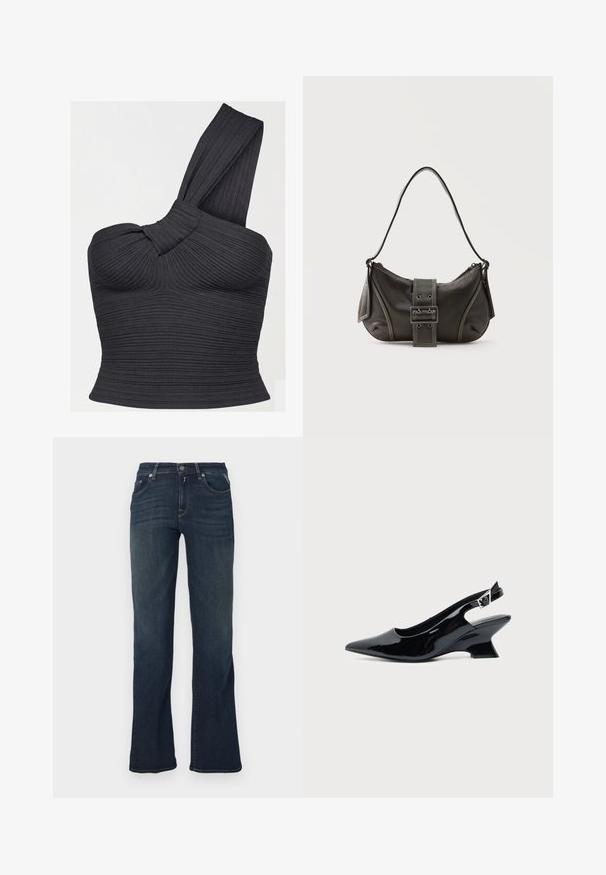 Haut court noir côtelé à une épaule, avec détail de bretelle torsadée et silhouette ajustée.; Jean en denim bleu foncé avec un design à jambe évasée, comportant cinq poches et des détails de couture contrastants. Texture lisse et taille standard.; Chaussure slingback en cuir verni noir avec bout pointu et petit talon bloc incliné sur fond clair uni.; Sac à épaule en cuir noir avec une sangle à boucle, des bords arrondis et des coutures blanches contrastées sur un fond uni.