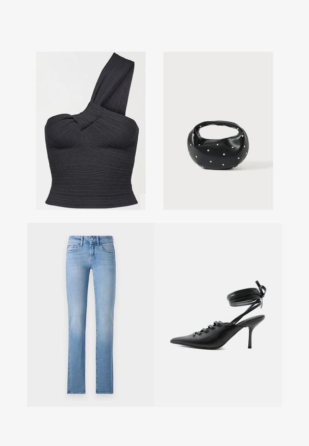 Čierny rebrovaný crop top s jedným ramenom, detailom skrúteného ramienka a priliehavým strihom.; Svetlo modré rifľové nohavice s rovnými nohavicami, piatimi vreckami a gombíkovým zapínaním. Obsahujú jemné zosvetlenie a majú ležérny, klasický dizajn.; Čierna vysoká topánka na podpätku so špicatou špičkou, so šnurovaním vpredu a obťahovacími pásikmi okolo členku, zviazanými do mašle, zobrazená z boku na bielom pozadí.; Čierna kožená kabelka s zaobleným tvarom, zdobená striebornými cvočkami a krátkym rúčkou. Hladká textúra a zapínanie na zips.