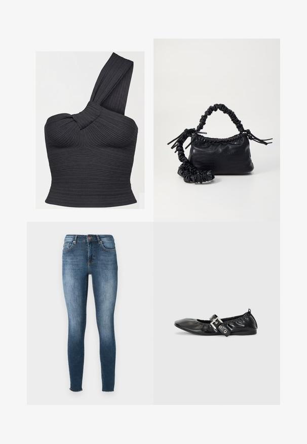 Čierny rebrovaný crop top s jedným ramenom, detailom skrúteného ramienka a priliehavým strihom.; Chudé džínsy v tmavomodrom denime. Majú stredne vysoký pás, dizajn s piatimi vreckami a jemné vyblednutie. Spodný lem má surový okraj.; Čierna kožená plochá obuv s špicatou špičkou, zberaným detailom okolo otvoru a strieborným prackovým akcentom na nastaviteľnom remienku.; Čierna umelá kožená kabelka s kroko vzorom, sťahovaným vrchom a zhnutým popruhom. Vyzerá mäkko a kompaktné v dizajne.