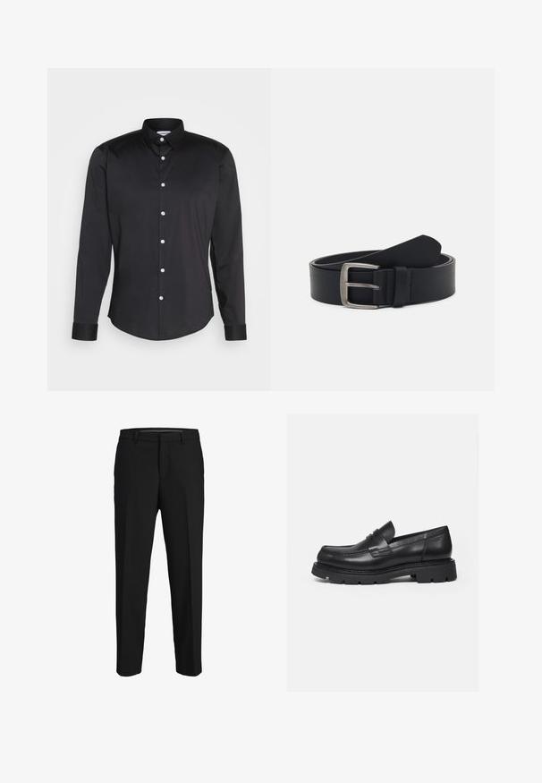 Camisa negra de manga larga hecha de tela suave, con cuello puntiagudo, cierre frontal de botones con botones blancos y puños de un solo botón.; Pantalones negros de tela suave, con corte recto, lazos para cinturón y un diseño de frente plano sin patrones ni adornos visibles.; Mocasín negro de cuero con suela gruesa y acanalada y detalle de tira para moneda, mostrado en perfil lateral derecho sobre fondo blanco.; Cinturón de cuero negro con hebilla de metal plateado, que presenta un acabado liso y un diseño clásico. El cinturón está enrollado con el extremo apuntando.