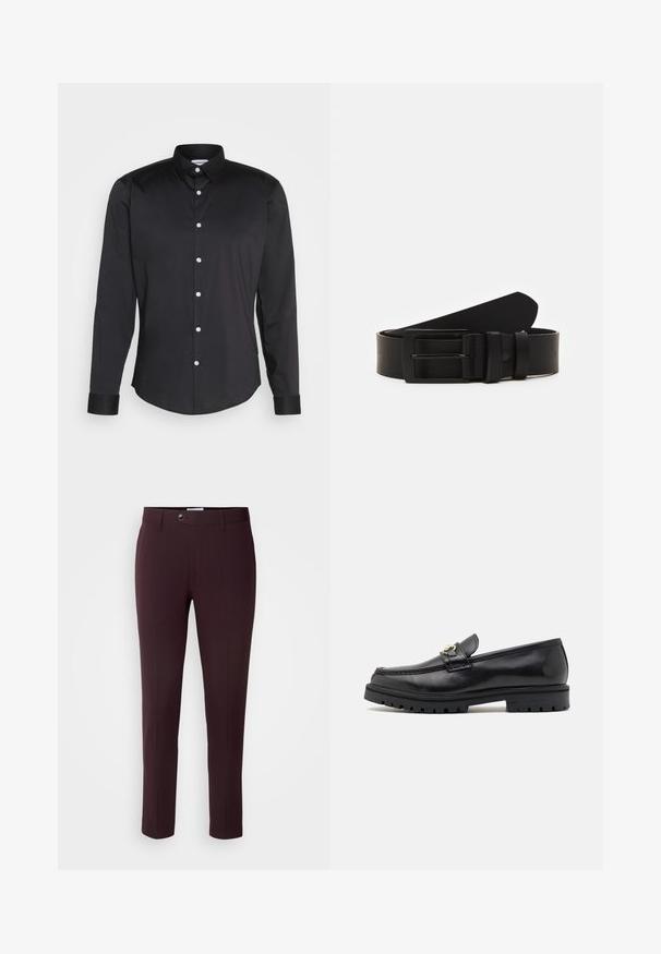 Zwarte lang-sleeve shirt van gladde stof, met een puntige kraag, sluiting met knopen aan de voorkant met witte knopen, en manchetten met één knoop.; Donker bordeauxrode broek met een slim fit, voorzien van een knoopsluiting, riemlussen en voorplooien. Glad fabric met een strak ontwerp.; Zwarte leren instappers met een zachte afwerking, ronde neus, een decoratieve band met gouden hardware en een robuuste zwarte zool.; Zwarte leren riem gerold met een matte zwarte rechthoekige metalen gesp en twee riemlussen op een witte achtergrond.