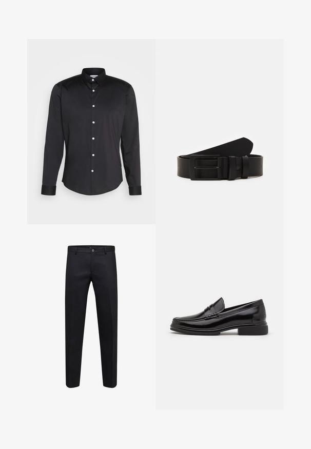 Zwarte lang-sleeve shirt van gladde stof, met een puntige kraag, sluiting met knopen aan de voorkant met witte knopen, en manchetten met één knoop.; Zwarte formele broek met knoop- en ritssluiting, rechte snit en riemlussen, getoond op een witte achtergrond.; Zwarte leren instappers met een afgeronde neus, voorzien van een gestikte detail over de wreef, en een lage blokhak. Glad textuur en glanzende afwerking.; Zwarte leren riem gerold met een matte zwarte rechthoekige metalen gesp en twee riemlussen op een witte achtergrond.
