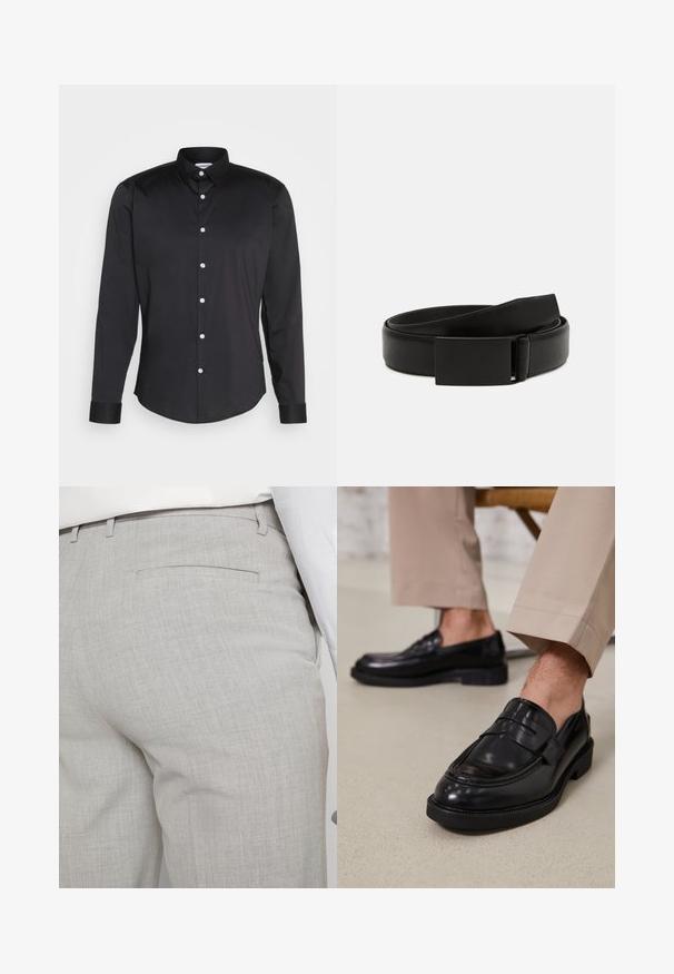 Chemise noire à manches longues en tissu lisse, avec un col pointu, fermeture à boutons sur le devant avec des boutons blancs, et poignets à un bouton.; Pantalon gris clair sur mesure en tissu texturé, avec une seule poche arrière et des coutures nettes.; Mocassins en cuir noir avec une finition lisse, ornés d'une sangle décorative et de coutures contrastées, associés à un pantalon beige.; Ceinture en cuir noir avec une texture lisse, dotée d'une boucle rectangulaire noire mate et d'un design classique et minimaliste.
