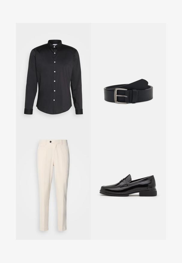 Camisa negra de manga larga hecha de tela suave, con cuello puntiagudo, cierre frontal de botones con botones blancos y puños de un solo botón.; Pantalones tailored beige con frente plano, cierre de un botón y dos bolsillos laterales en ángulo. Tejido suave con corte slim y pierna entallada.; Mocasines de cuero negro con punta redondeada, que presentan un detalle cosido a través del empeine y un tacón bajo y cuadrado. Textura suave y acabado brillante.; Cinturón de cuero negro con hebilla de metal plateado, que presenta un acabado liso y un diseño clásico. El cinturón está enrollado con el extremo apuntando.