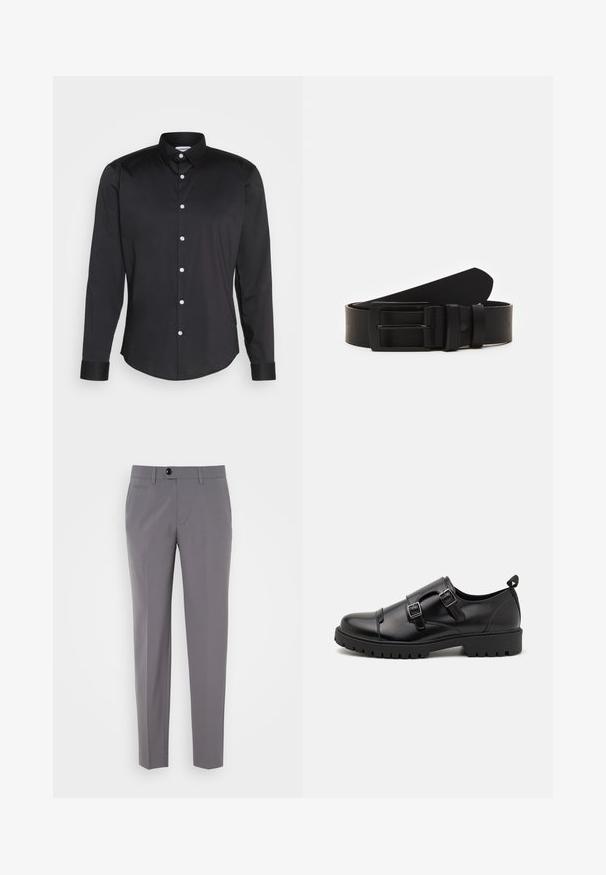 Zwarte lang-sleeve shirt van gladde stof, met een puntige kraag, sluiting met knopen aan de voorkant met witte knopen, en manchetten met één knoop.; Grijze op maat gemaakte broeken met een gladde textuur, rechte pijpen, sluiting met één knop en voorzakken. Geen zichtbare patronen of accenten.; Pier One Zakelijke loafers - black; Zwarte leren riem gerold met een matte zwarte rechthoekige metalen gesp en twee riemlussen op een witte achtergrond.