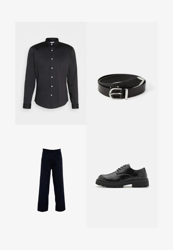 Camisa negra de manga larga hecha de tela suave, con cuello puntiagudo, cierre frontal de botones con botones blancos y puños de un solo botón.; Pantalones oscuros de navy con un diseño de pierna recta, confeccionados con una tela suave, que cuentan con bolsillos laterales y una cintura clásica.; Zapatos de cuero negro con punta redondeada, diseño con cordones y una suela de goma gruesa y texturizada. Presentan costuras a lo largo del borde y un acabado suave.; Cinturón de piel negra con una hebilla de metal plateado, que presenta un diseño clásico y una textura suave. Incluye agujeros para ajuste.