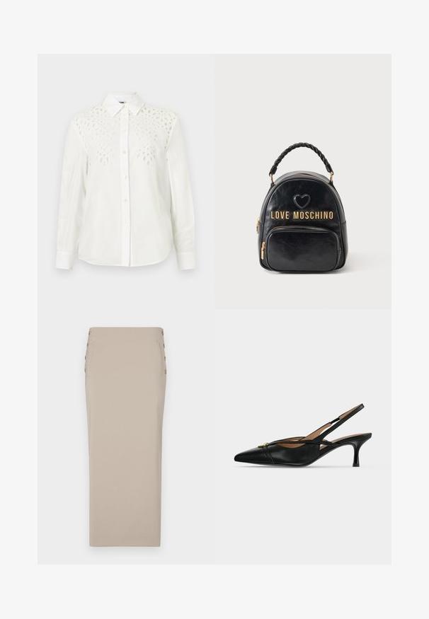 Camisa blanca de manga larga con botones, con cuello puntiagudo y patrones decorativos recortados en la parte superior delantera y los hombros.; Falda lápiz beige hecha de una tela suave, con botones laterales, una silueta estilizada y sin bolsillos ni patrones visibles.; Zapato slingback de cuero negro con punta puntiaguda, tacón bajo tipo kitten y detalle de hebilla dorada en el frente.; Mochila negra de cuero Love Moschino con asa trenzada, bolsillo delantero, cremalleras doradas y detalle de corazón encima del logo.