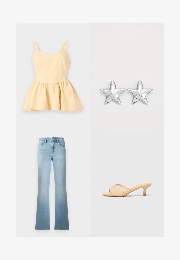Blassgelbes ärmelloses Oberteil mit breiten Trägern und einem gerafften, ausgestellten Peplum-Saum, dargestellt vor einem weißen Hintergrund.; Hellblaue Jeans mit hohem Bund und geradem Bein, aus Denim, mit Taschen vorne und hinten, Knopfverschluss und Gürtelschlaufen.; Beige offene Zehenmule mit einem glatten matten Finish, verziert mit dekorativen klaren Strasssteinen, die in einem Muster auf dem Obermaterial angeordnet sind.; Silberne sternförmige Ohrringe mit einer polierten, glänzenden Oberfläche. Jeder Ohrring hat fünf Spitzen und dezente Oberflächentexturdetails.