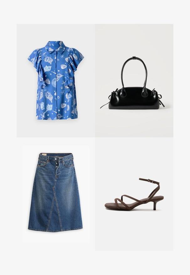 Camisa azul de manga corta con botonera en el frente, que presenta patrones de conchas marinas y peces en blanco, mangas rizadas y un cuello clásico.; Falda de mezclilla en tono azul medio con forma de Línea A, abertura delantera, cinco bolsillos y cierre de botones en la cintura.; Sandalia marrón de tacón alto con tiras finas cruzadas y una correa en el tobillo con una hebilla plateada sobre un fondo blanco.; Pequeño bolso negro brillante con dos asas largas y detalles de cordón lateral sobre un fondo claro liso.
