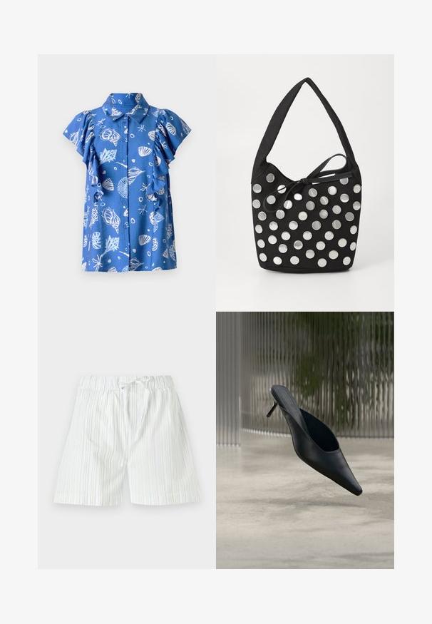 Chemise bleue à manches courtes avec un devant boutonné, ornée de motifs de coquillages et de poissons blancs, avec des manches froncées et un col classique.; Shorts pour homme en tissu léger, avec des rayures verticales bleu clair et blanches, dotés d'une taille élastique et d'un cordon de serrage.; Mule noire à bout pointu avec un talon fin et haut flottant au-dessus d'un sol en béton lisse, avec un arrière-plan flou à rayures verticales.; Sac à main en tissu noir, de forme arrondie, orné de clous métalliques ronds en argent disposés en motif, et d'un accent en tissu noué.