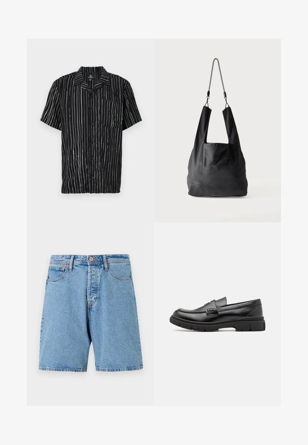 Kortærmet skjorte i sort stof med lodrette hvide striber, en lomme på venstre bryst og krave med en afslappet pasform.; Lyseblå denimshorts med klassisk pasform, fem lommer og kontraststing. Har knaplukning og frynset kant.; Sort læder loafersko med en bred rem over forfoden, gummisål med tykke mønstre og glat overflade. Klassisk, slankt design.; Sort blød stofnettaske med brede håndtag og en tynd sort-hvid flettet skulderrem.