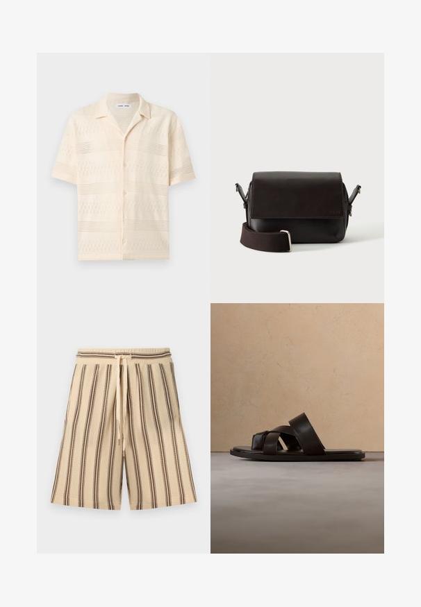 Camisa de punto color crema de manga corta con patrones de rayas caladas, cuello tipo campamento y botones en la parte delantera.; Pantalones cortos beige con rayas verticales marrones, cintura elástica y cordón ajustable. La tela parece texturizada, con un diseño casual.; Sandalia deslizante de cuero negro con tres tiras cruzadas, suela plana y textura suave, suspendida sobre una alfombra de fibra natural tejida.; Bolso bandolera de cuero marrón oscuro con cierre de solapa y correa de tela ajustable sobre fondo blanco.