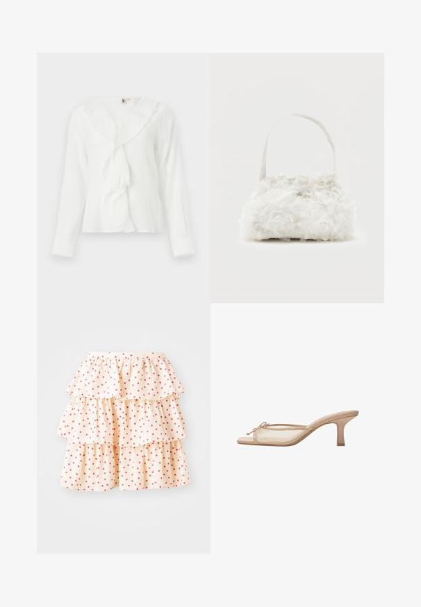 Blouse blanche à manches longues avec un col à volants et un tissu texturé. Présente une coupe légèrement ample avec des manches à poignet.; Jupe à volants en tissu crème clair avec des pois rouges. Elle présente trois couches de volants au bas et une taille élastique.; Mule beige à bout ouvert avec côtés en mesh transparent, petit talon kitten bas et un petit nœud sur la bride avant.; Petit sac à main blanc orné de roses en tissu recouvrant le corps et d'une fine anse unique, sur un fond uni.