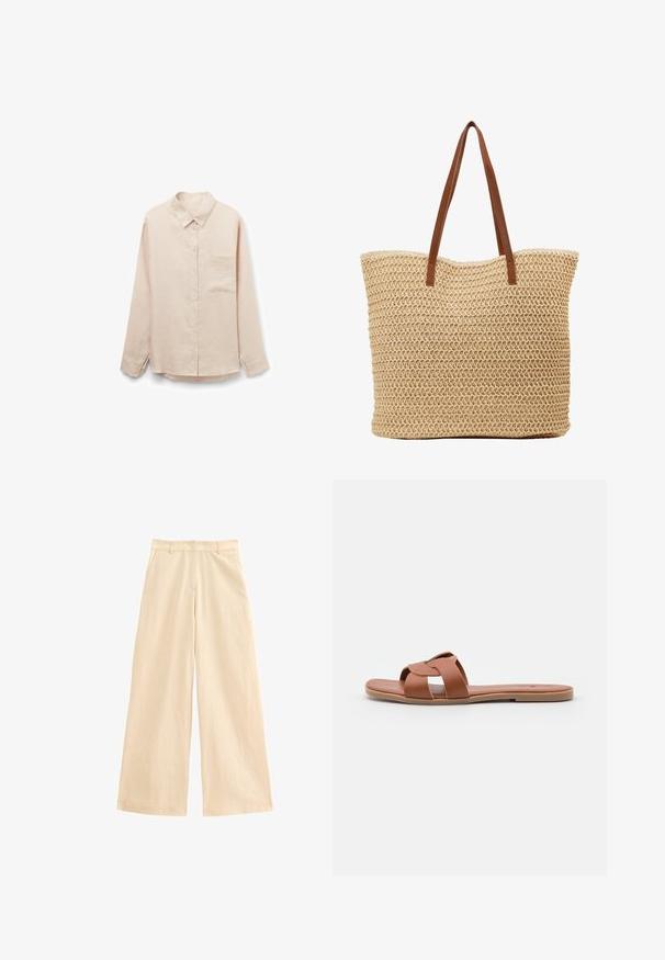 Camisa beige de manga larga con botones, cuello y un solo bolsillo en el pecho, mostrada sobre fondo blanco.; Pantalones de pierna ancha en color beige, fabricados con un material ligero. Cuentan con una cintura alta, cierre de cremallera y bolsillos frontales. Textura suave con un brillo sutil.; Sandalias planas marrones hechas de cuero suave con un diseño de tiras cruzadas, que cuentan con una suela plana y un estilo minimalista.; Tote de paja trenzada con forma cilíndrica, en color beige claro, superficie texturada y asas de cuero sintético marrón.