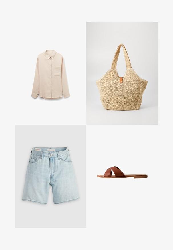 Camisa beige de manga larga con botones, cuello y un solo bolsillo en el pecho, mostrada sobre fondo blanco.; Shorts de mezclilla de lavado claro, de cintura alta, con un diseño de cinco bolsillos, cierre de botón y cremallera plateados, con dobladillo deshilachado y un ligero desgastado.; Sandalia plana de cuero marrón con diseño de tiras cruzadas. Suela plana con acabado liso y estilo minimalista. Sin herrajes visibles ni adornos.; Gran bolsa de paja con un exterior texturizado en color beige y dos asas anchas. Presenta una correa de acento de cuero para el cierre.