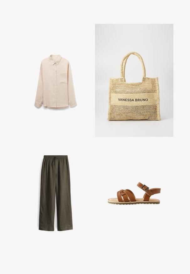 Beige overhemd met lange mouwen, knopen, kraag en één borstzak, weergegeven op een witte achtergrond.; Olijfgroene, losse broek met een elastische tailleband en trekkoord, voorzien van zijzakken en een lichtgewicht, gestructureerde stof.; Bruine leren sandalen met meerdere kruiselings gespen, een verstelbare enkelgesp en een platte zool met gripdetails.; Beige geweven draagtas met twee handvatten en "VANESSA BRUNO" in het zwart gedrukt op een solide geweven paneel in het midden.