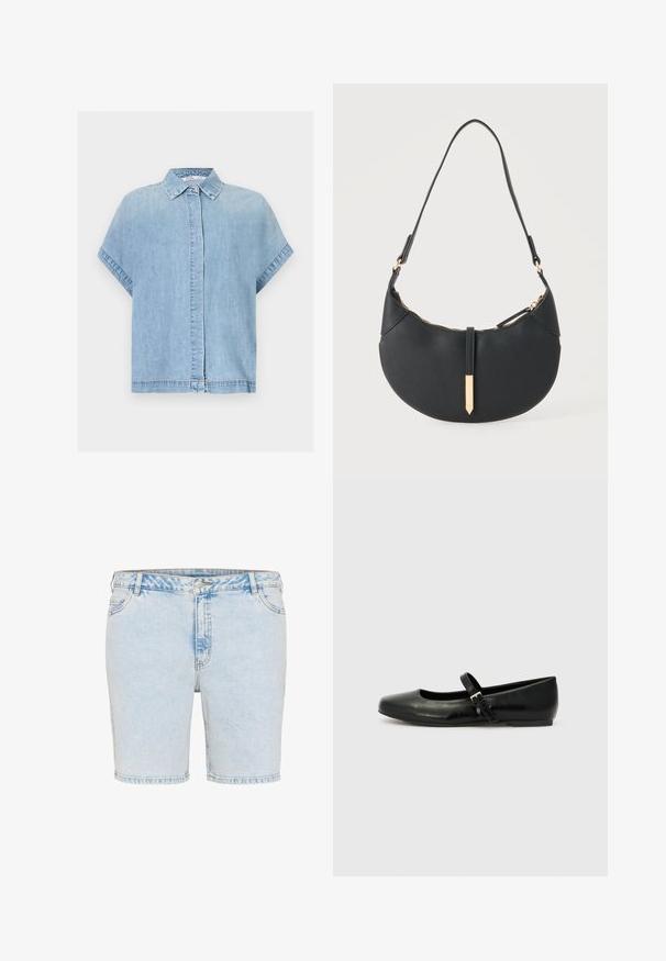 Lyseblå denim kortærmet skjorte med skjult knaplukning og klassisk krave, vist på hvid baggrund.; Lyseblå denimshorts med lige snit, fem lommer og synlige stikninger. Har en lukning med knap og lynlås.; Sorte læder balletflade med rund tå, flad sål og en tynd justerbar rem over svangen med en metalspænde.; Sort håndtaske formet som en halvmåne med en enkelt rem, guld lynlås og en guldfarvet rektangulær dekorativ fane foran.