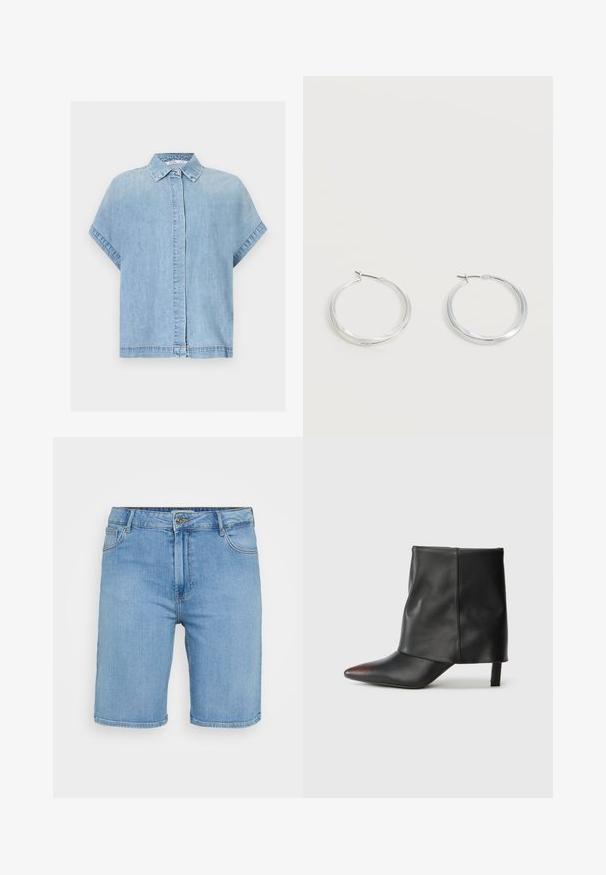 Lyseblå denim kortærmet skjorte med skjult knaplukning og klassisk krave, vist på hvid baggrund.; Lys blå denim shorts med klassisk pasform, der har en frontknaplukning, bæltestropper og to sidelommer. Glat tekstur og lige kant.; Sort ankelstøvle lavet af glat læder med spids tå og tilspidset hæl. Overdelen har et let rynket design.; Sølvfarvede metaloorringe med glat, let buet overflade og låsemekanisme på en ensfarvet hvid baggrund.