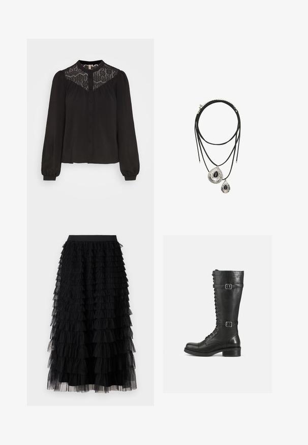 ONLY ONLMETTE BUTTON - Bluse - black; Vero Moda VMNAJA Mid waist Long - Maxinederdele - black; Høje sorte læderstøvler med snørebånd foran, sidelænder, glat overflade, rund tå og robust lav hæl.; Dobbeltlags sort snor halskæde med to sølv dråbeformede vedhæng, hver med en sort sten i midten og dekorative kanter.