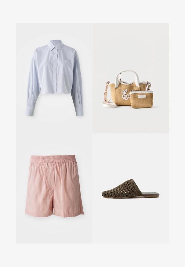 Chemise cropped en rayures verticales bleu et blanc, avec un col pointu, des manches longues et une poche avant. Texture en coton lisse.; Shorts rose clair avec des rayures verticales rouges et blanches. Taille élastique ; coupe décontractée ; texture lisse avec un minimum de détails.; Mule tissée marron à enfiler avec une semelle plate et un bout fermé arrondi sur fond blanc.; Deux sacs tissés beiges avec des garnitures en cuir blanc, l'un avec des poignées et une bandoulière, le plus petit avec une fermeture éclair et une étiquette de marque.