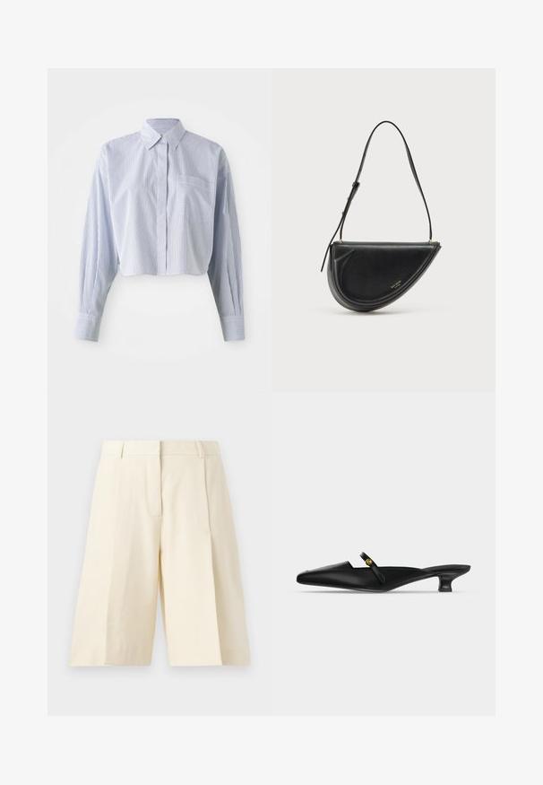 Lyhyet hihat, jotka ovat sinivalkoisissa pystysuorissa raidoissa, joissa on terävä kaulus, pitkät hihat ja etutasku. Sujuva puuvillakangas.; Beige leveleik shorts med skræddersyet design, der har plisseringer, lynlås og bæltestropper. Glat stof med en ren finish.; Musta kärjestä kärkikärki-mallinen mule, jossa matala kitten-korko ja kapea remmi jalan päällä, jossa pieni kultainen nappidetalji.; Musta nahkainen käsilaukku, jossa on puolikuu-muotoinen muoto, sileä pinta, irrotettava hihna ja hienovarainen kultainen brändäys edessä.